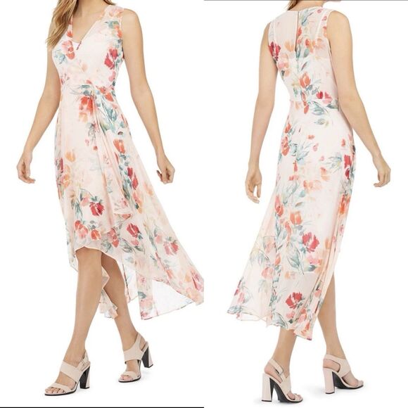 Calvin Klein Floral Chiffon High Low Dress Pink Multi Size 14 Excellent - Picture 1 of 9